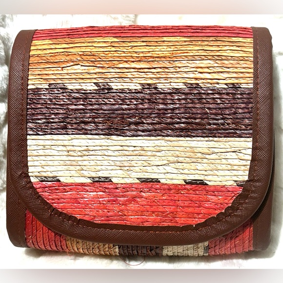 Brown Tan Orange Gold Handmade Boho Straw Crossbody Purse Bag - Picture 2 of 8